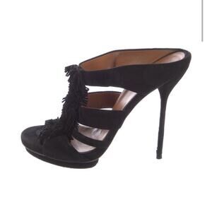 GUCCI Youma Platform Black Fringe Suede Stiletto Mules Slip-On Heels EU 36